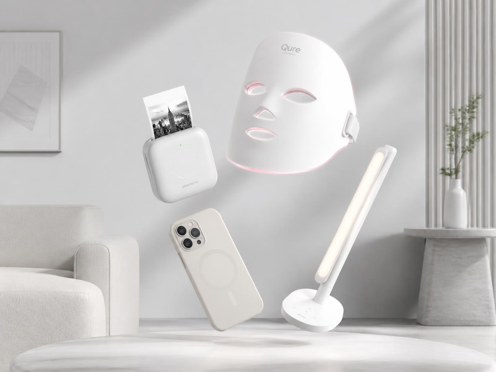 Sélection de produits Luxyvora : masque LED, mini imprimante, coque iPhone et lampe design